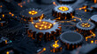 © Butsarakham - A close-up view of interconnected gears with glowing elements, symbolizing technology, innovation, and machinery in a dark, high-tech setting.