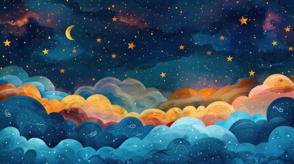 dreamy night sky with colorful clouds and stars.