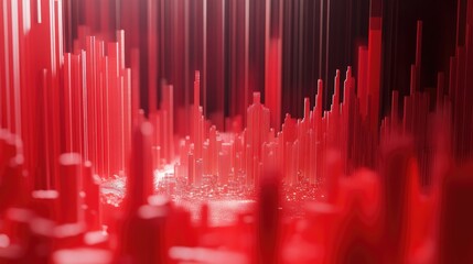 Poster - A detailed 3D graph in red hues, showcasing financial growth with bars and lines moving upward, symbolizing positive market trends and progressive data.