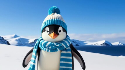 Wall Mural - Penguin in hat and scarf against winter landscape background