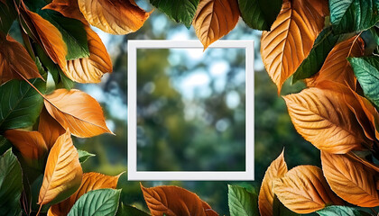 Wall Mural - Nature background, abstract white frame in the leaves with copy space