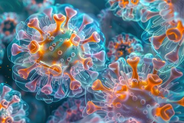 Wall Mural - norovirus: a detailed image of norovirus particles, highlighting their distinctive, smooth, spherica