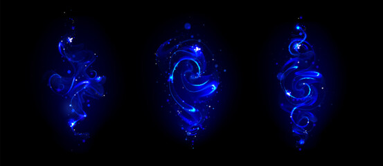 Wall Mural - magic wand effects set isolated on black background. vector realistic illustration of neon blue ligh