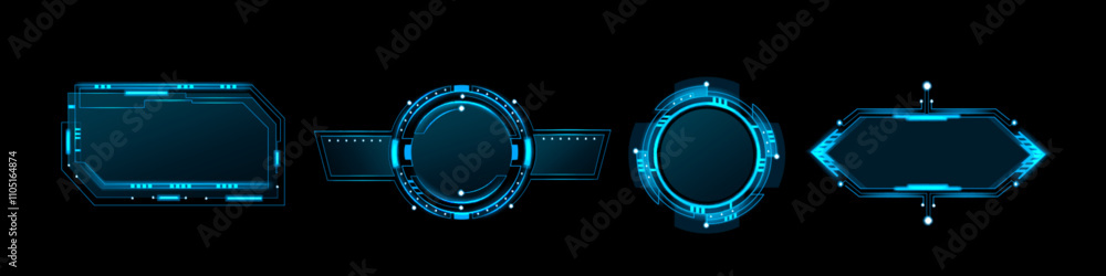 Futuristic blue frames with neon glowing tech elements on black ...