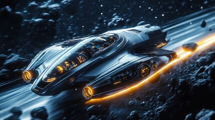 Wall Mural - Futuristic spaceship flying through asteroid field.
