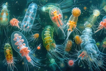 Wall Mural - plankton diversity: an image capturing the diverse microorganisms making up plankton in water, empha