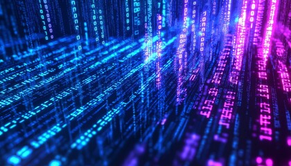 Blue digital binary data on computer screen with bokeh. Abstract information technology background. Digital binary code matrix background. Close-up with small dept