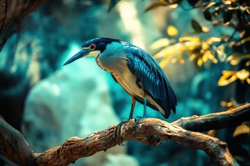 Black Crowned Night Heron balancing on top of a Broken Tree Limb. Majestic avian bird perched on the branch