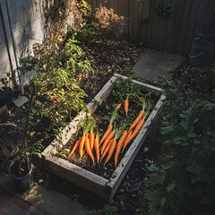 Wall Mural - Harvesting bright orange carrots in a small raised bed urban garden nature photography outdoor setting aerial view gardening delight