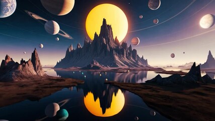 Wall Mural - Video footage of surreal landscape with a large sun, multiple planets, and a mountain reflected in a calm lake