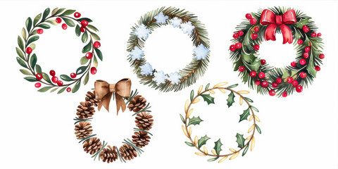 Wall Mural - Watercolor Christmas Wreaths: A charming set of six hand-painted watercolor wreaths, each unique and ready to add a touch of festive cheer to your designs. These wreaths are perfect for invitations.