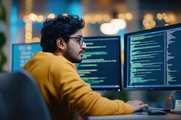 indian male programmer working on computer