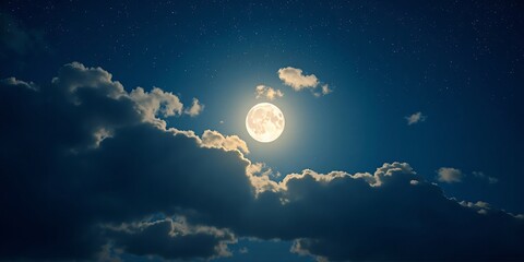 Wall Mural - A Captivating Night Sky: Full Moon Illuminating Clouds and Stars Amidst a Canvas of Moonlight and Clouds