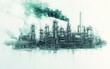 © Who is Santi - An abstract sketch of an oil production plant emitting green smoke, set on a white background.