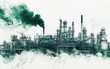© Who is Santi - An abstract sketch of an oil production plant emitting green smoke, set on a white background.