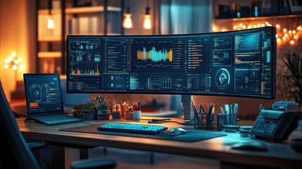 A modern workspace with a large curved monitor displaying data and graphs.