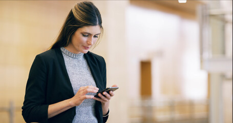 Aufkleber - Business, woman and connection with phone in office for checking notifications, social media scroll or mobile chat. Professional, person or smartphone for online networking, reading email or research