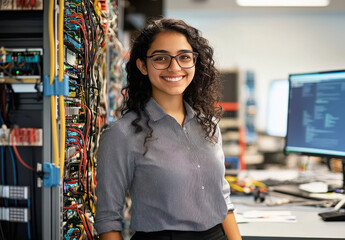 young indian woman standing in server room