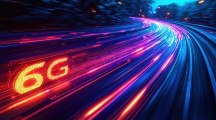 Sticker - A vibrant image showcasing a futuristic representation of 6G technology, with dynamic light trails symbolizing speed and connectivity.