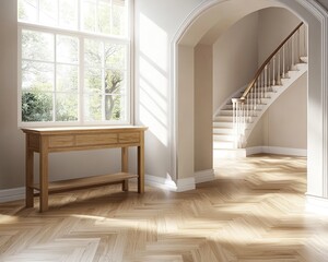 Wall Mural - Sunlit entrance with herringbone floors, oak table, and archway leading to room.