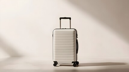 A sleek white suitcase on a minimalist background.