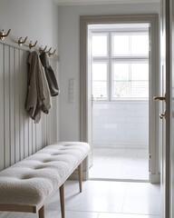 Wall Mural - Cozy mudroom with pale birch wood floors and a polished silver steel door.