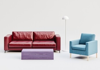 A chic white living room with crimson sofa and purple armchair arrangement.