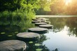 © NN AI - Stepping stones across tranquil pond in green garden. Horizontal banner for wellness center, meditation app, spa retreat, spiritual practice, life coaching, mindfulness program, space
