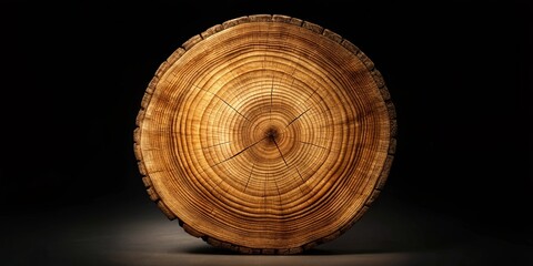 Cross-section of a tree trunk showing annual rings, texture, and natural wood grain against a dark background.