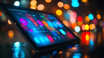 Tablet Displaying Music Interface At Night