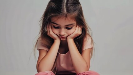 Wall Mural - A young girl is sitting on the floor with her head on her hands