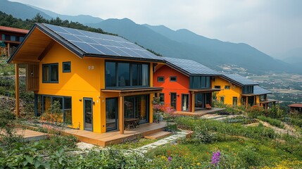 Wall Mural - Vibrant Eco-Friendly Homes with Solar Panels Nestled in Scenic Mountains Surrounded by Lush Greenery and Colorful Flowers on a Sunny Day