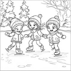 Sticker - A group of children ice skating on a frozen pond, coloring page for kids, simple outline illustration. Coloring book, simple lines.