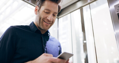 Aufkleber - Business, elevator or man with phone in office for checking notifications, network connection or mobile chat. Employee, person or smartphone for online networking, reading email or commute to meeting
