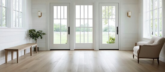 Wall Mural - Minimalist farmhouse entryway with double doors, light walls, and a simple chair.