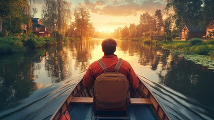 Wall Mural - Man on Boat at Sunset, Embarking on a Tranquil River Journey, Golden Hour Adventure in Nature