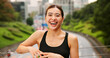 © peopleimages.com - Fitness, laughing and portrait of woman in Japan for cardio or marathon training routine. Exercise, funny and smile of happy Japanese sports athlete or runner on bridge for health or wellness