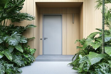 Wall Mural - Scandinavian hallway with soft tones, minimalist door, and lush plants nearby.