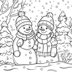 Wall Mural - A cozy winter scene with snowmen, coloring page for kids, simple outline illustration. Coloring book, simple lines.