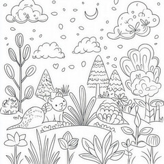 Canvas Print - A magical forest with whimsical creatures, coloring page for kids, simple outline illustration. Coloring book, simple lines.