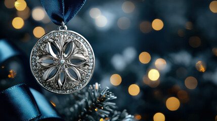 Canvas Print - Wallpaper Showcasing A Silver Medal Hanging From A Ribbon, Placed Against A Soft Gradient Background With Subtle Sparkles