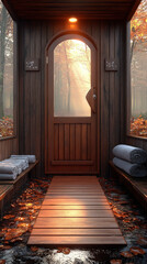 Wall Mural - An inviting sauna scene during winter with a decorated pine tree outside, warm light spilling from the door, and soft, cozy towels laid out, providing a comforting smartphone wallpaper