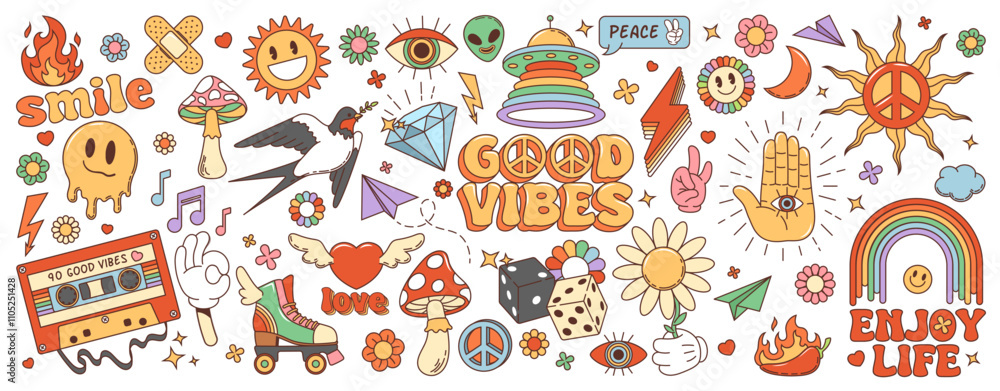 Groovy cartoon retro symbols in 70s hippie art, vector funky icons. 70s ...