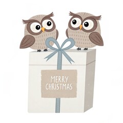 Sticker - cute cartoon parrot with gift box merry christmas background