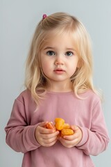 Sticker - A young blonde girl is holding a bunch of oranges in her hands. She is wearing a pink shirt and has her hair in a ponytail. Concept of innocence and curiosity, as the child is holding the fruit