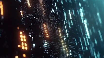 Abstract digital data stream. Glowing lines of code flow across a dark background, creating a dynamic and futuristic visual.