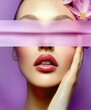 © Miss V - woman with face half hidden with a lilac ribbon and a lilac flower on her hair