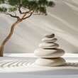 © Zeljko - **japanese style minimal abstract background. zen garden and stone balance with white sand background.