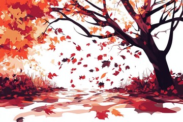 Wall Mural - A minimalist depiction of a windswept autumn forest with scattered amber and crimson leaves.