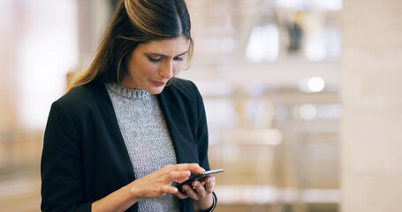 Aufkleber - Business, woman or scroll with phone in office for checking notifications, social media app or website information. Professional, person or smartphone for online networking, reading email or research